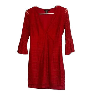 Forever 21 Red Lace Bell Sleeve Plunge Neckline Mini Dress